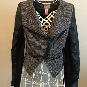 Faux tweed and leather cropped jacket